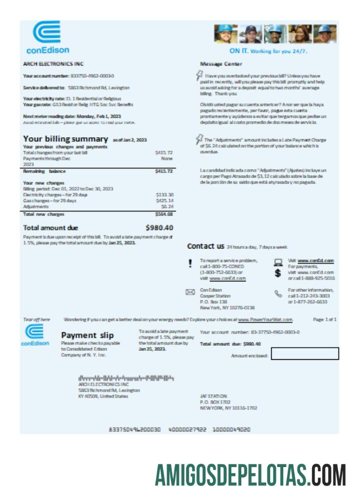 Con Edison Electricity Utility Business Bill SCR exemplo real